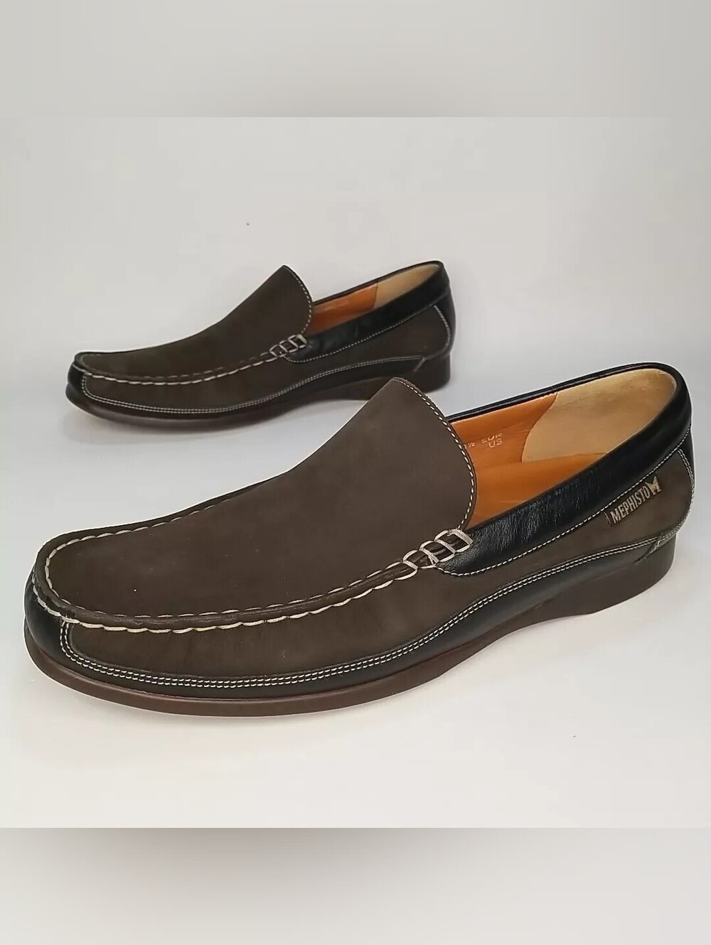 MEPHISTO Men's Baduard Brown Nubuck & Black Leather Slip-on Loafers US 11
